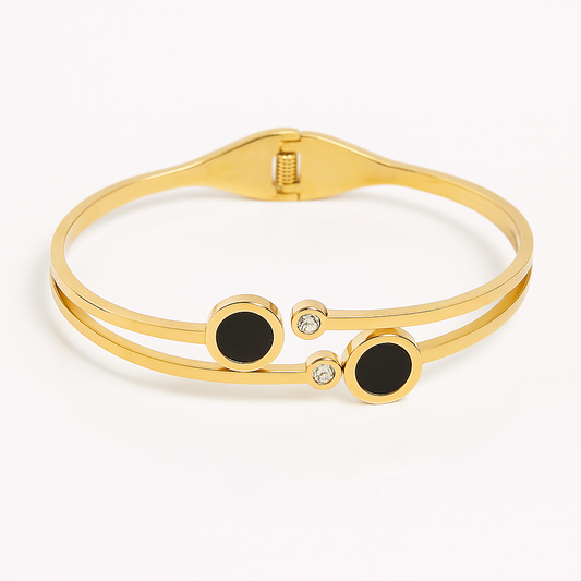 18K Gold-Plated Double Band Bangle – Black Enamel & Crystal Accents