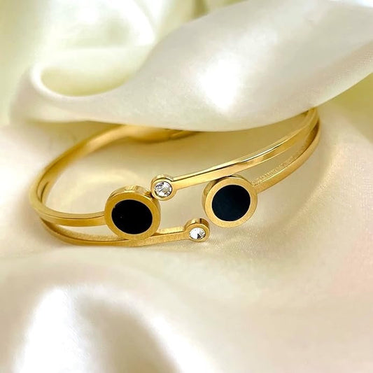 18K Gold-Plated Double Band Bangle – Black Enamel & Crystal Accents
